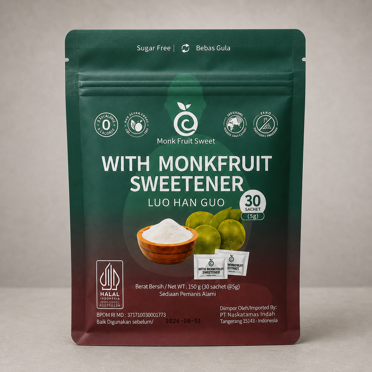 Monk Fruit Sweetener stick packs — 150g (5g × 30 packs)